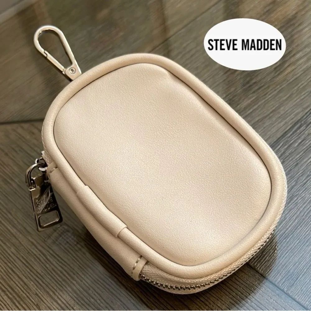 Steve Madden Cream Faux Leather Mini Pouch AirPod Case Pouch - Phone Cord Pouch